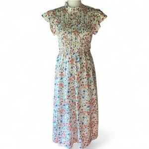 Sason White Floral High Neck Flutter Sleeve Smocked Bodice Peasant Midi Dress M